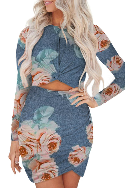 Khaki Long Sleeve Cut-out Twist Ruched Bodycon Mini Dress