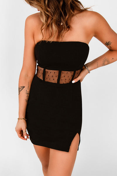 Polka Dot Mesh Patchwork Split Bandeau Bodycon Mini Dress