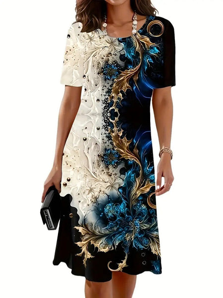 Printed Round Neck A-line Short Sleeve Dress
