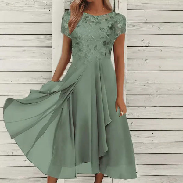 Chiffon Panel Round Neck Sequin Print Dress