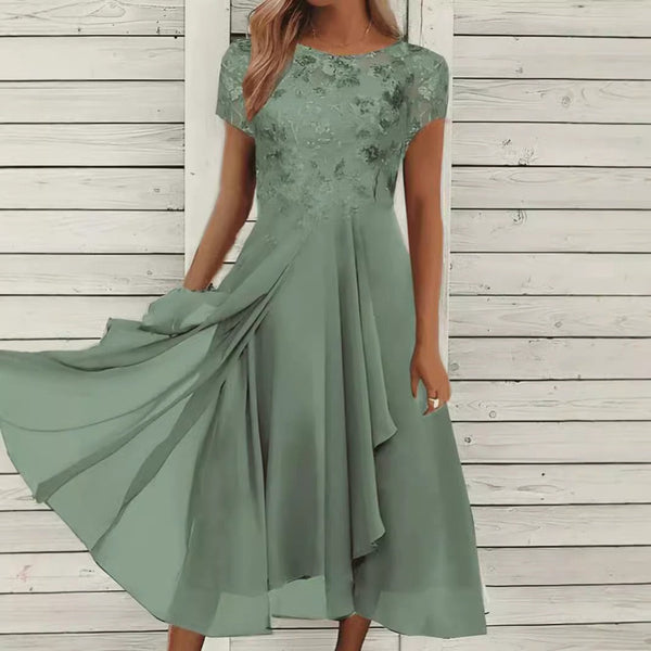 Chiffon Panel Round Neck Sequin Print Dress