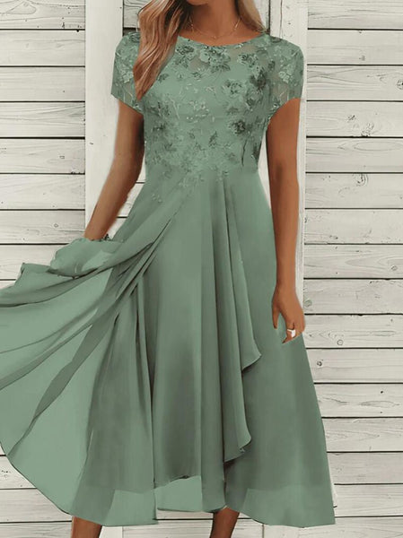 Chiffon Panel Round Neck Sequin Print Dress