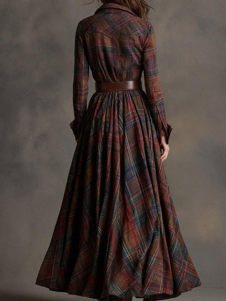 Trendy Check Maxi Shirt Dress With High Slit