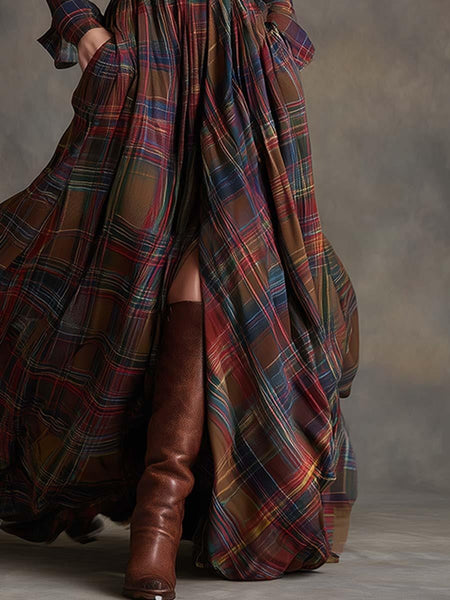 Trendy Check Maxi Shirt Dress With High Slit