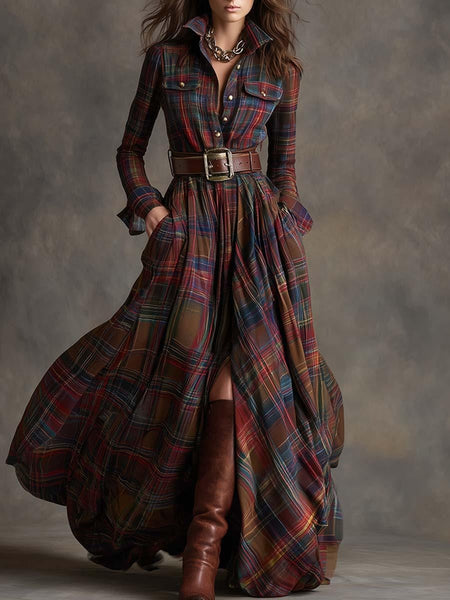 Trendy Check Maxi Shirt Dress With High Slit