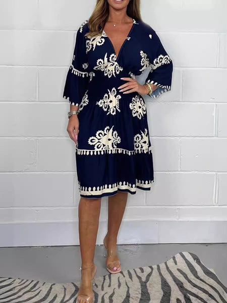 Printed V-neck 3/4 Sleeve Midi Dress