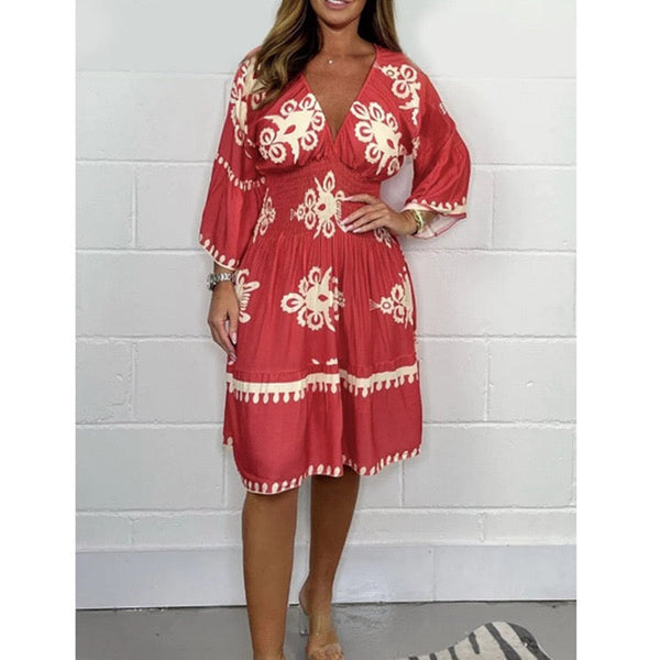 Printed V-neck 3/4 Sleeve Midi Dress