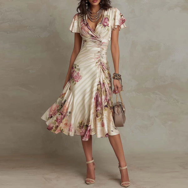 Groovy Floral Print Short Sleeve Midi Dress