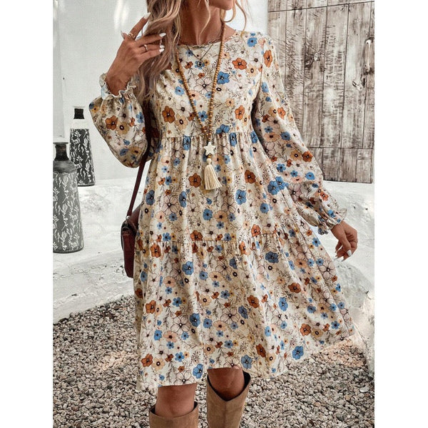 French-style Elegant Printed Lantern Sleeve Dress