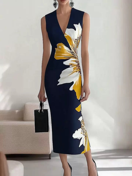 Elegant V-neck Sleeveless Floral Dress