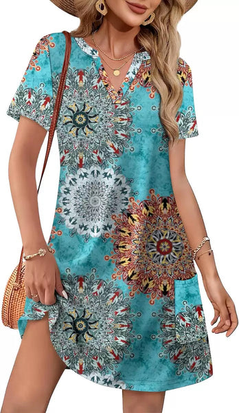 Bohemian V-neck Short-sleeved Loose-fitting Vacation Mini Dress