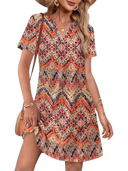 Bohemian V-neck Short-sleeved Loose-fitting Vacation Mini Dress