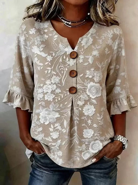 V-neck Printed Bell 3/4 Sleeve Shirt Top