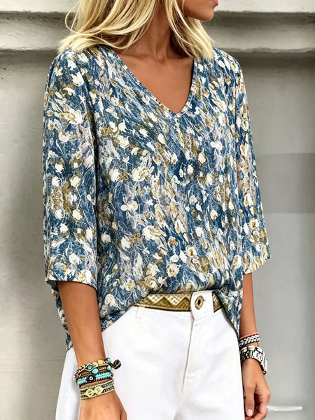 Floral Print V-neck 3/4 Sleeve Top