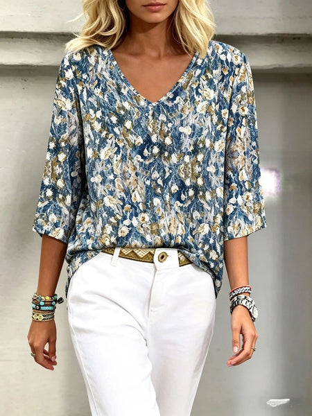 Floral Print V-neck 3/4 Sleeve Top