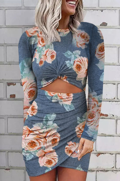 Khaki Long Sleeve Cut-out Twist Ruched Bodycon Mini Dress