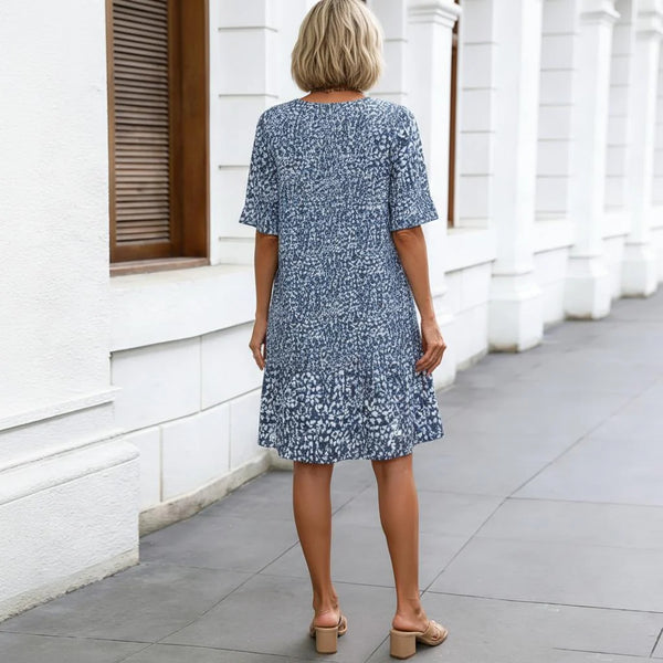 Blue White Floral V-Neck Tiered Shift Dress – Casual Ruffle Sleeve Summer Dress