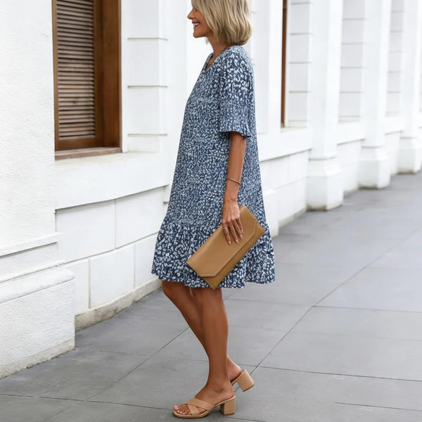Blue White Floral V-Neck Tiered Shift Dress – Casual Ruffle Sleeve Summer Dress