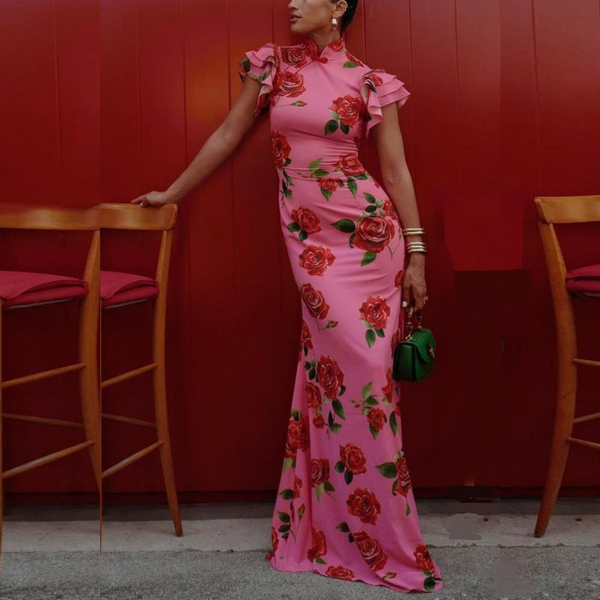 Cheongsam Style Rose Floral Print Tiered Flare Sleeve Stretch Maxi Dress