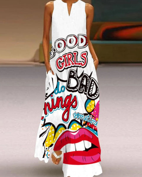 Trendy Red Lip Sleeveless Dress