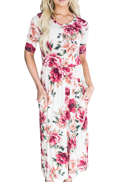Short Sleeve Floral Long Dress with Pockets