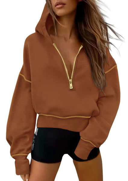 Half Zip Hooded Long Sleeve Cropped Pullover