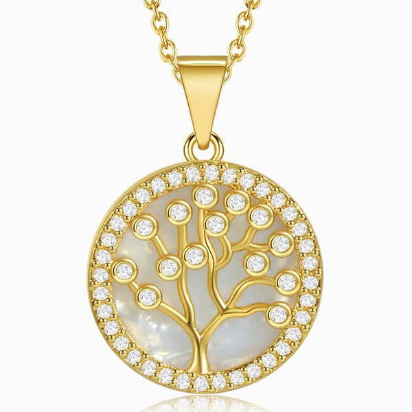 Round Tree Of Life Crystal And Pearl Gold Necklace