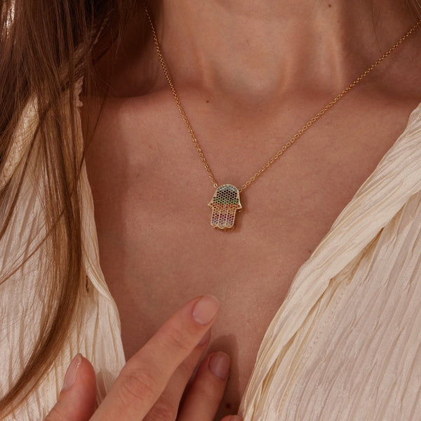 Multicolored Stone Hamsa Hand Necklace