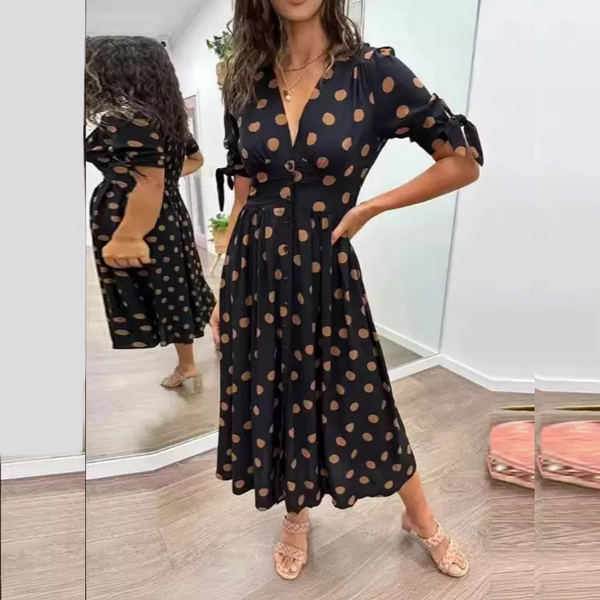 V-neck Polka Dot Waist Casual Dress