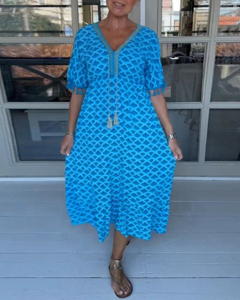 V-neck Tassel Edge Sleeve Print Midi Dress