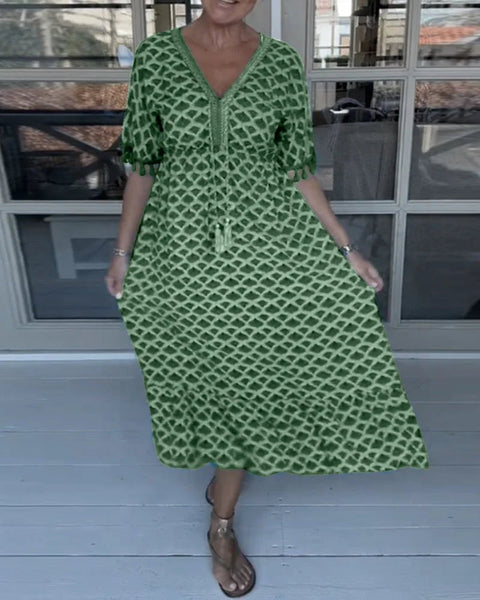 V-neck Tassel Edge Sleeve Print Midi Dress