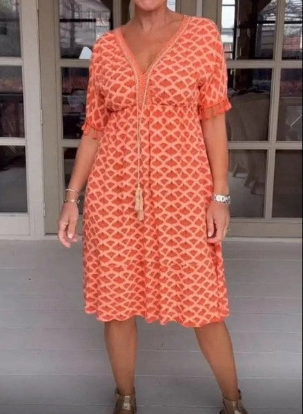 V-neck Tassel Edge Sleeve Print Midi Dress