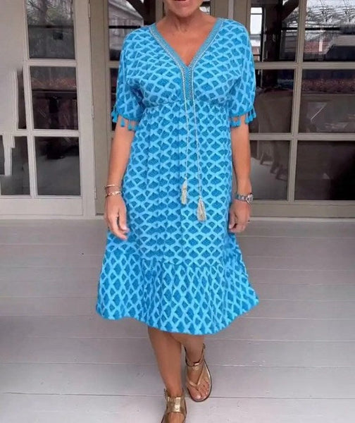 V-neck Tassel Edge Sleeve Print Midi Dress