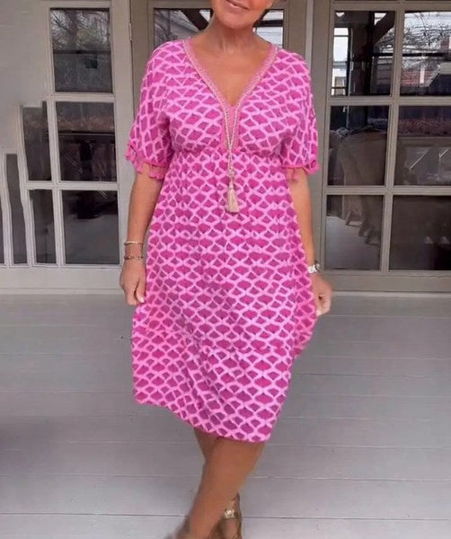 V-neck Tassel Edge Sleeve Print Midi Dress
