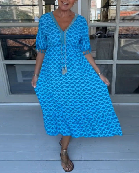 V-neck Tassel Edge Sleeve Print Midi Dress