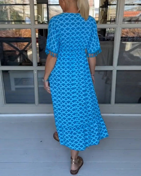 V-neck Tassel Edge Sleeve Print Midi Dress