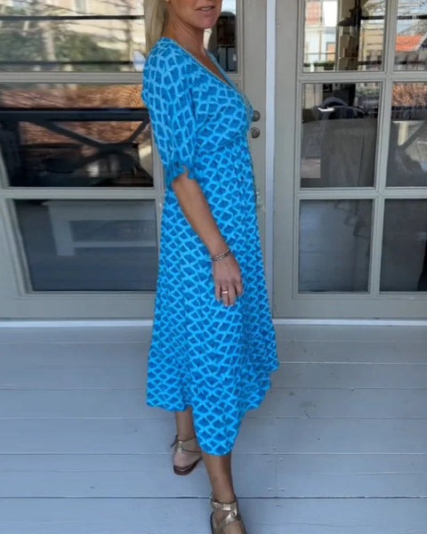 V-neck Tassel Edge Sleeve Print Midi Dress