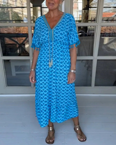 V-neck Tassel Edge Sleeve Print Midi Dress