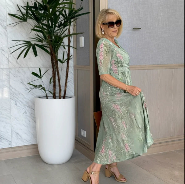 Green Plant Print Side Pocket Midi Dress
