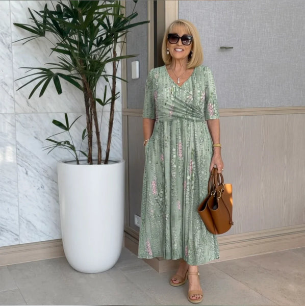 Green Plant Print Side Pocket Midi Dress