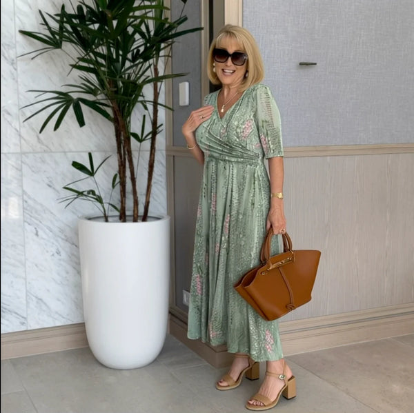 Green Plant Print Side Pocket Midi Dress