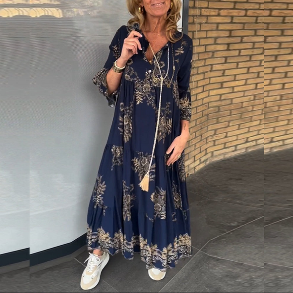 Loose-Fitting Vintage V-neck Dress