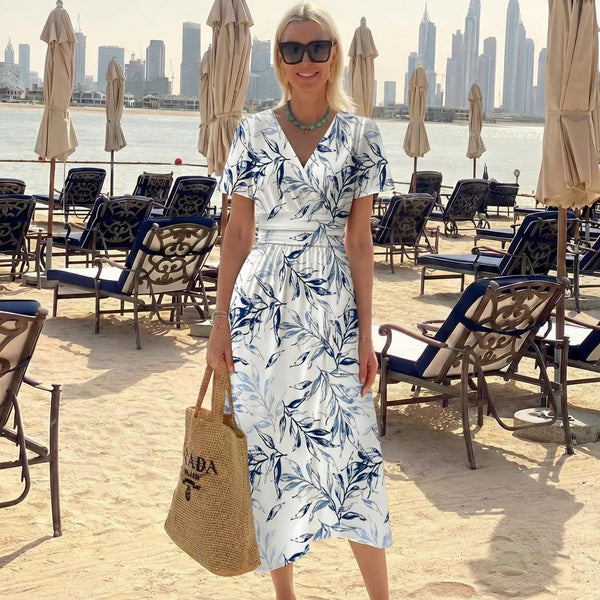 Trendy Plant Print V-Neck Short Sleeve Midi Dress