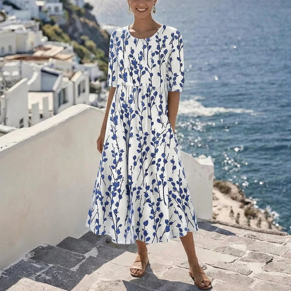 Coastal Blue Botanical Print Midi Dress