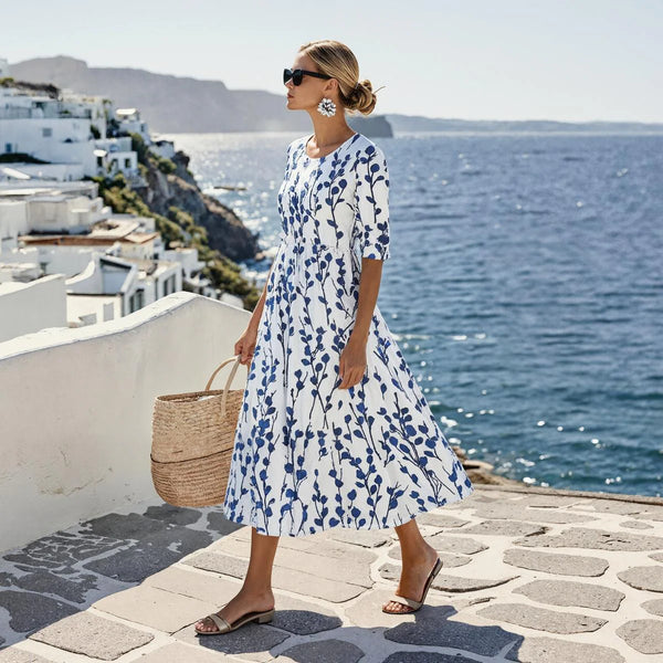 Coastal Blue Botanical Print Midi Dress
