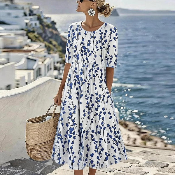 Coastal Blue Botanical Print Midi Dress