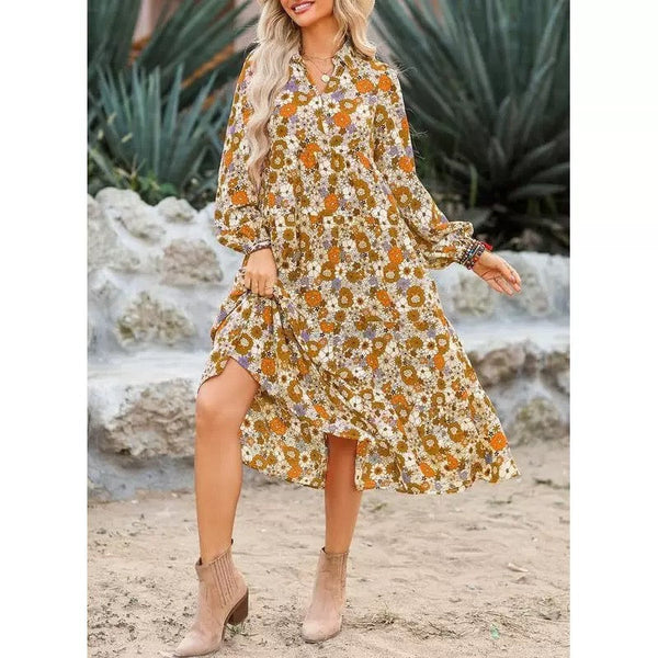 Casual Bohemian V-neck Floral Long Sleeve Dress