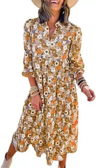 Casual Bohemian V-neck Floral Long Sleeve Dress