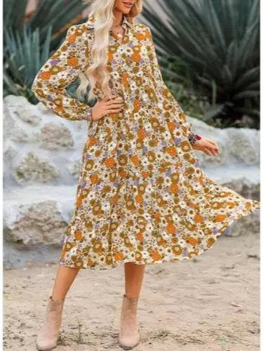 Casual Bohemian V-neck Floral Long Sleeve Dress