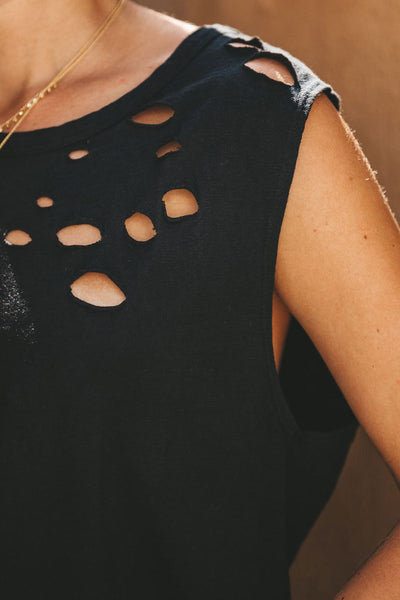 Broken Hole Detail Sleeveless Crew Neck Tank Top